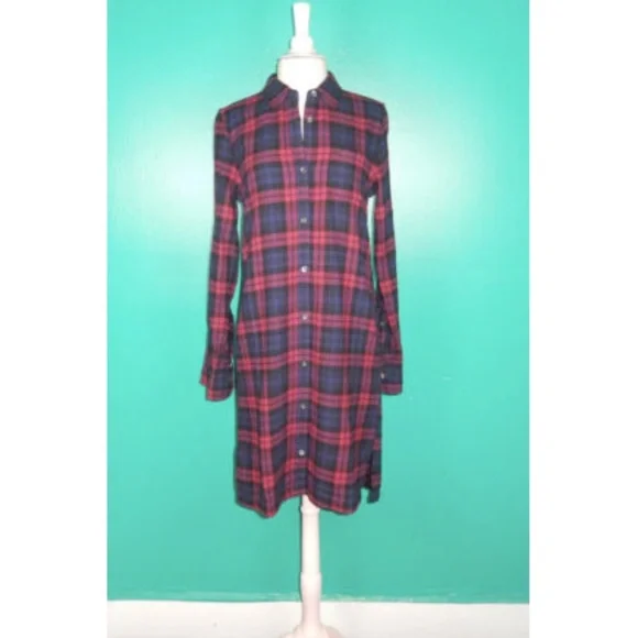 Alex Mill Standard Plaid Navy Blue Burgundy Flannel Shirt Dress - Picture 2 of 5